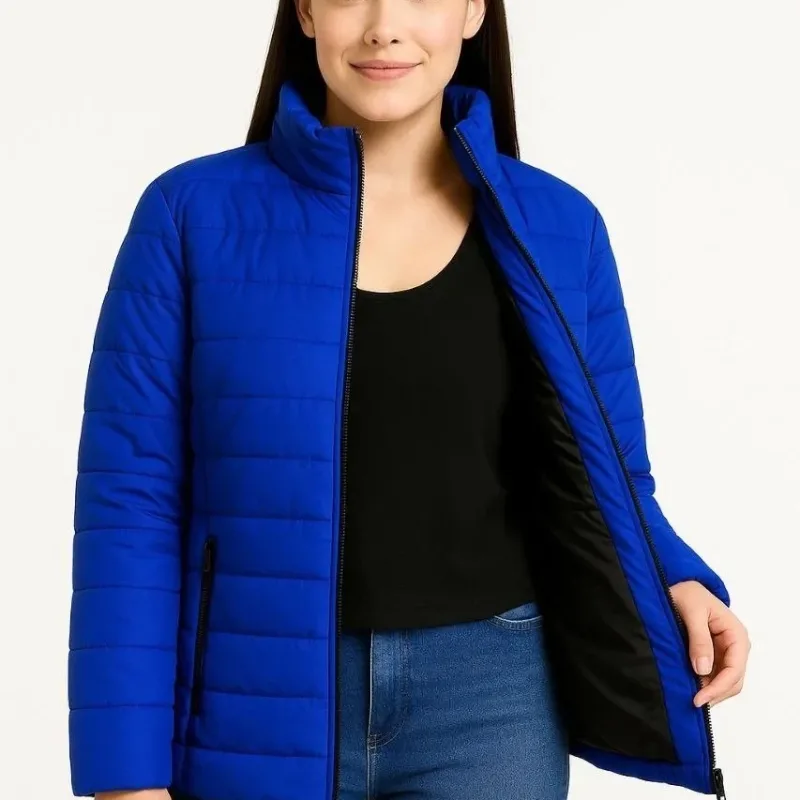 Women's Sax Blue Water-Repellent Quilted Lined Zippered Bomber Jacket