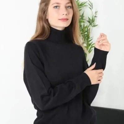 Women's Black Full Turtleneck Long Sleeve Plain Knit Sweater 3