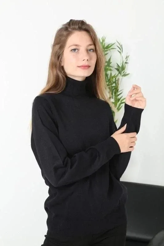 Women's Black Full Turtleneck Long Sleeve Plain Knit Sweater 3
