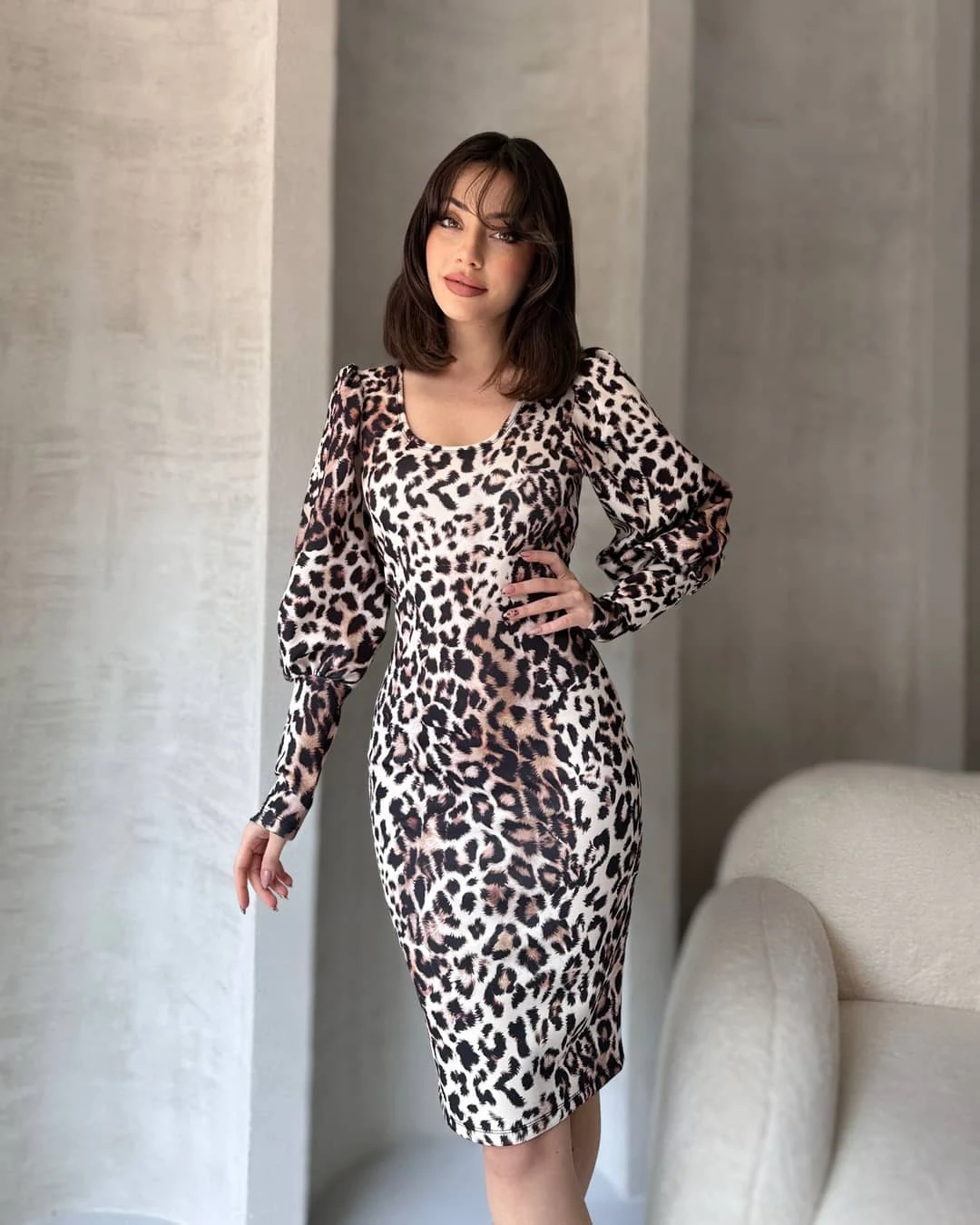 Leopard Pattern Midi Length Dress White