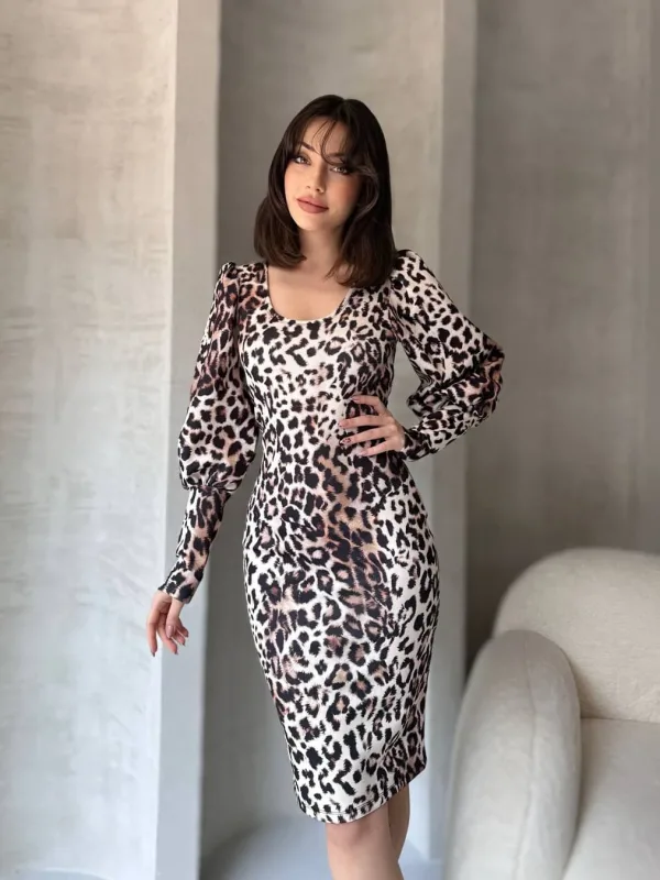 Leopard uzorak Midi dužina haljina Bijela