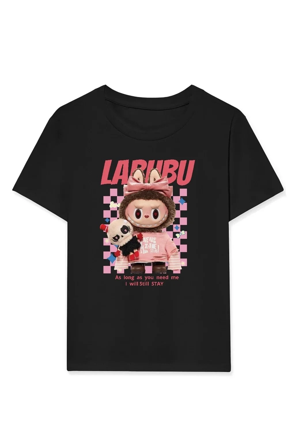 Dievča Čierne Labubu Potlačené Oversize Tričko