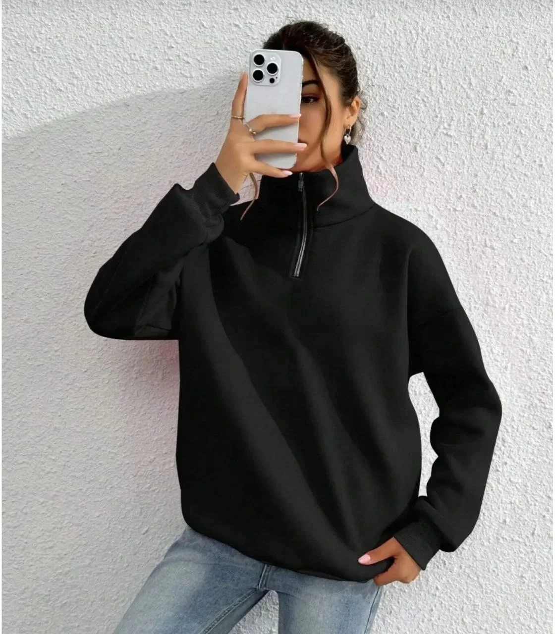 Dámsky čierny 3-niťový bavlnený polovičný zips golier sweatshirt