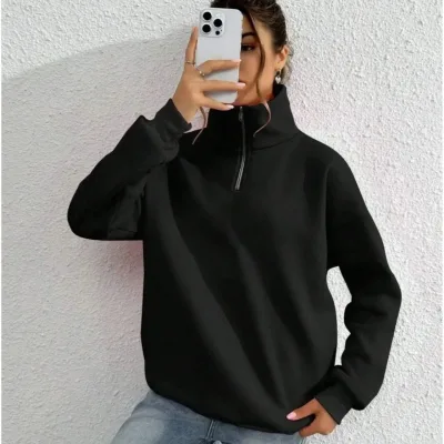 Dámsky čierny 3-niťový bavlnený polovičný zips golier sweatshirt 1