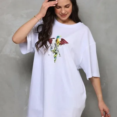 Női fehér regular biciklinyakas nyomott rövid ujjú póló 4