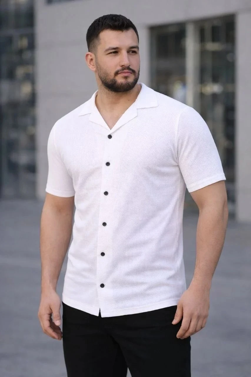 Men's White Regular Fit Waffle Fabric Buttoned Open Collar Shirt