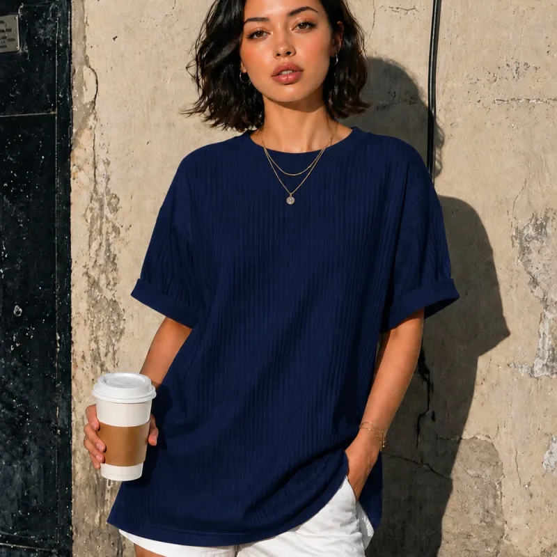 Unisex Cotone Collo a Barca Oversize T-shirt Blu Scuro