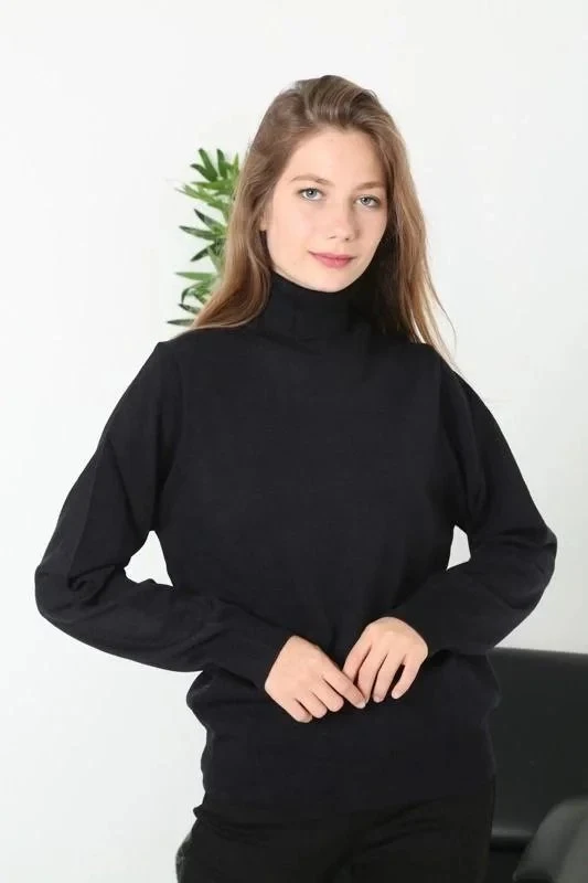 Women's Black Full Turtleneck Long Sleeve Plain Knit Sweater