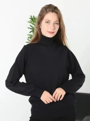 Women's Black Full Turtleneck Long Sleeve Plain Knit Sweater