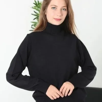 Women's Black Full Turtleneck Long Sleeve Plain Knit Sweater 1