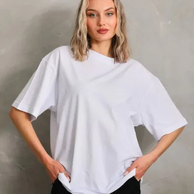 Női Fehér Sima Kötött Rövid Ujjú T-Shirt 2