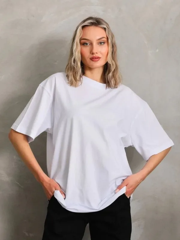 Női Fehér Sima Kötött Rövid Ujjú T-Shirt 2