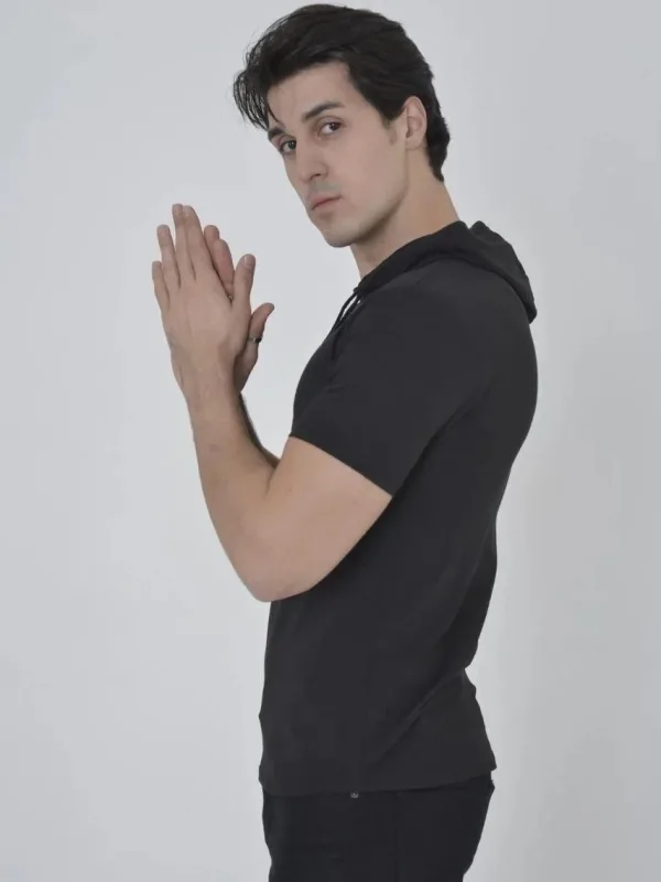 Женска Црна Slimfit Бициклет Јака Качулка Кратки Ракави T-маица 2