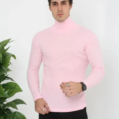 Férfi Porrózsaszín Slim Fit Likrás Nyakú Bordás Body 2