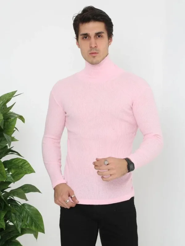 Férfi Porrózsaszín Slim Fit Likrás Nyakú Bordás Body 2