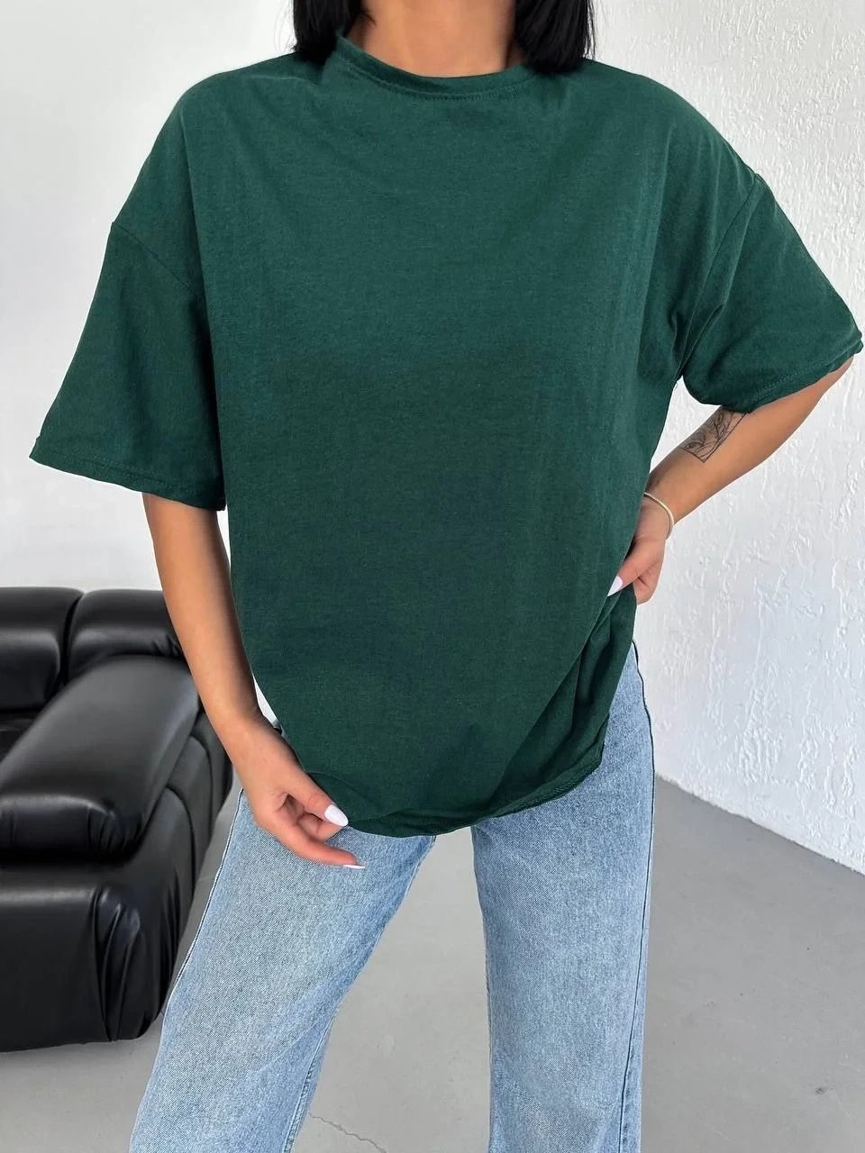 Γυναικείο Χακί Oversize Στρογγυλή Λαιμόκοψη Λείο Κοντό Μανίκι T-Shirt