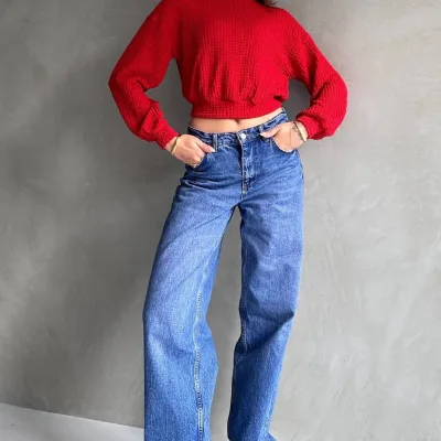 Turtleneck Textured Crop Blouse Red 2