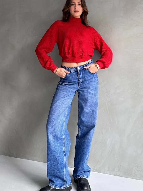 Turtleneck Textured Crop Blouse Red 2