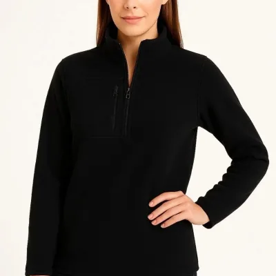 Women Black Stand Collar Half Zip Fleece Sweater Chest Pocket 2