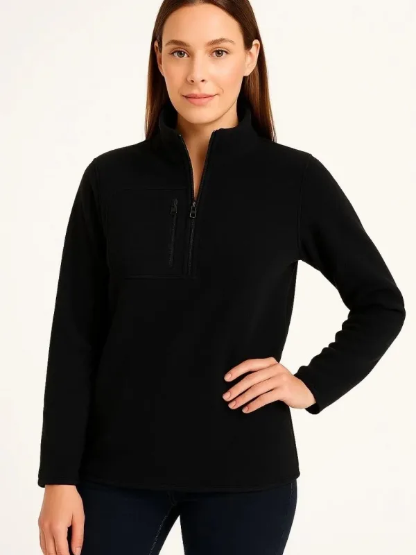 Women Black Stand Collar Half Zip Fleece Sweater Chest Pocket 2