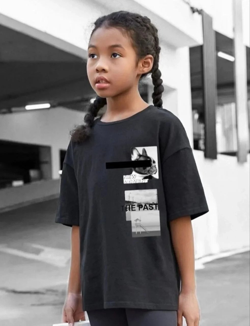 Παιδικό Μαύρο Oversize Τυπωμένο Στρογγυλό Λαιμό T-Shirt