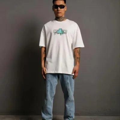 Muški beli oversize bicikli kragna print kratki rukav majica 2