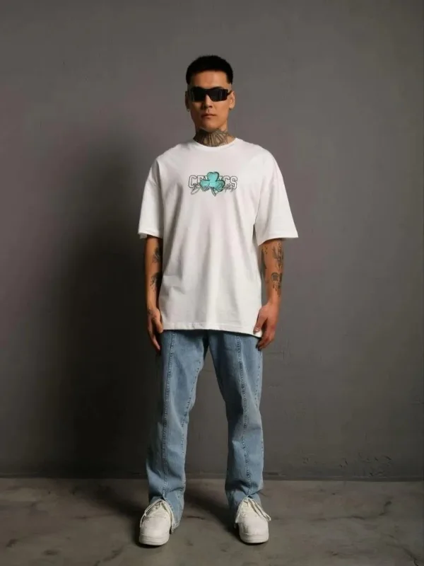 Muški beli oversize bicikli kragna print kratki rukav majica 2