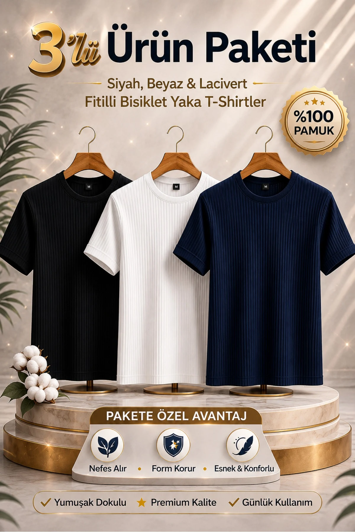 Erkek Siyah 3lü Oversize Fitilli Bisiklet Yaka Tişört