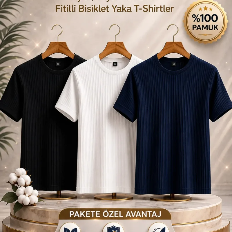 Men's Black White Navy 3-Pack Oversize Ribbed Bicycle Neck 100% Cotton T-Shirt
