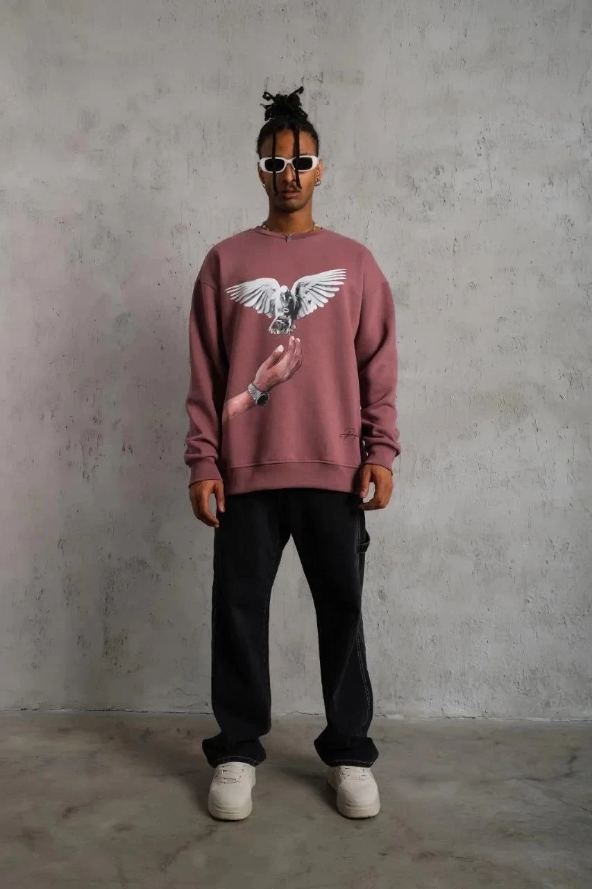 Férfi Rózsaszín Oversize Kerékpárnyakú Nyomott Sweatshirt
