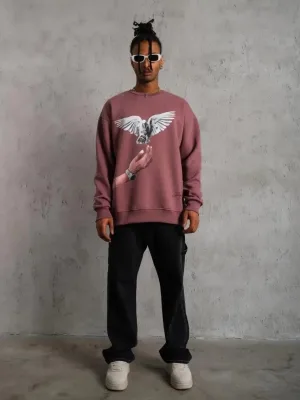 Férfi Rózsaszín Oversize Kerékpárnyakú Nyomott Sweatshirt