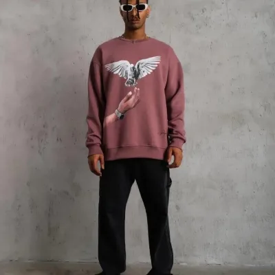 Férfi Rózsaszín Oversize Kerékpárnyakú Nyomott Sweatshirt 1