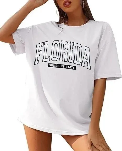 Damski Biały Koszulka z Nadrukiem Florida i Dekoltem w Serek 4