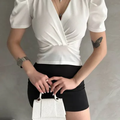 Cross Collar Melon Sleeve Crepe Blouse White 1