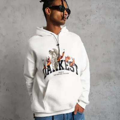 Férfi 3 Szálas Pamut Kapucnis Nyomtatott Zsebes Oversize Sweatshirt Hoodie - Fehér 4