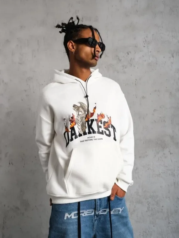 Férfi 3 Szálas Pamut Kapucnis Nyomtatott Zsebes Oversize Sweatshirt Hoodie - Fehér 4