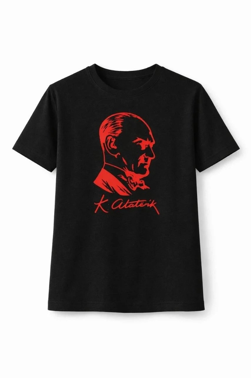 Dziewczęcy czarny T-shirt z nadrukiem Atatürka, kołnierzyk rowerowy, krótki rękaw