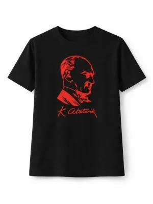 Devojčica Crna Okrugli Izrez Ataturk Print Kratki Rukav Majica