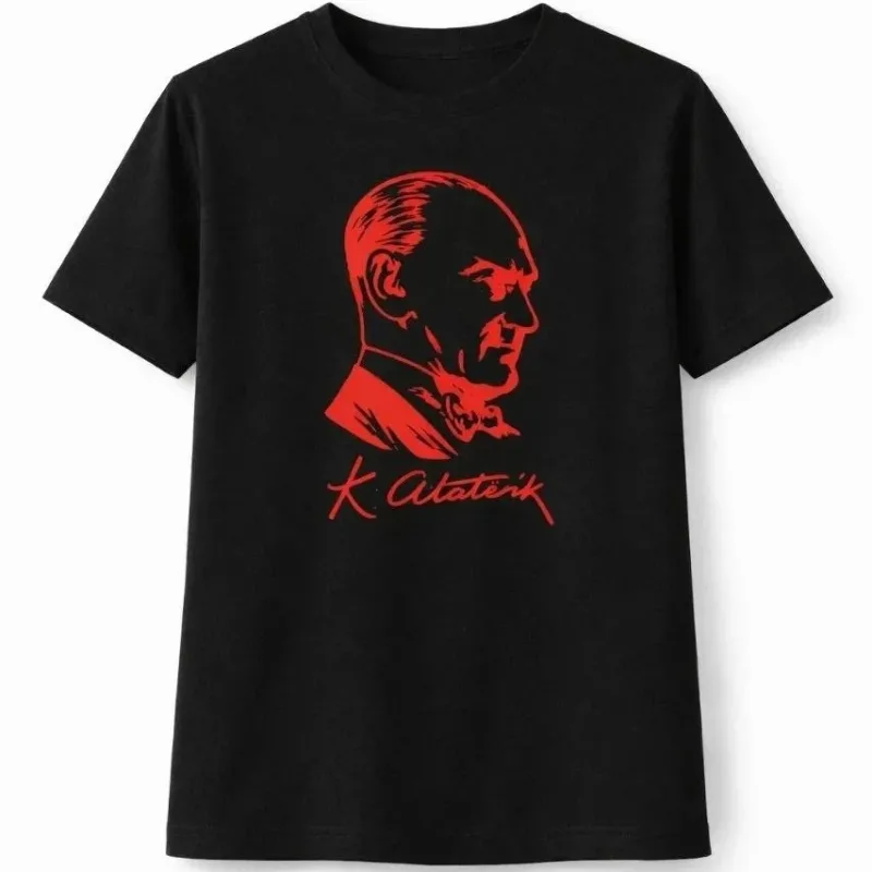 Devojčica Crna Okrugli Izrez Ataturk Print Kratki Rukav Majica