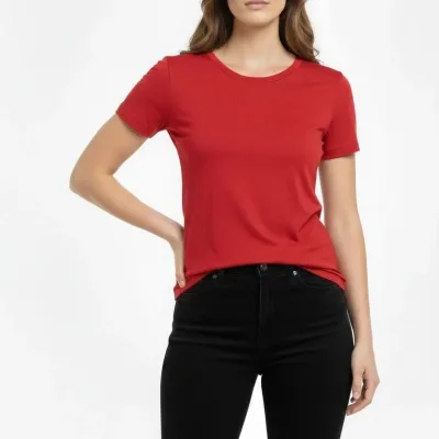 Damski czerwony slim fit T-shirt z dekoltem w serek, elastyczny 2