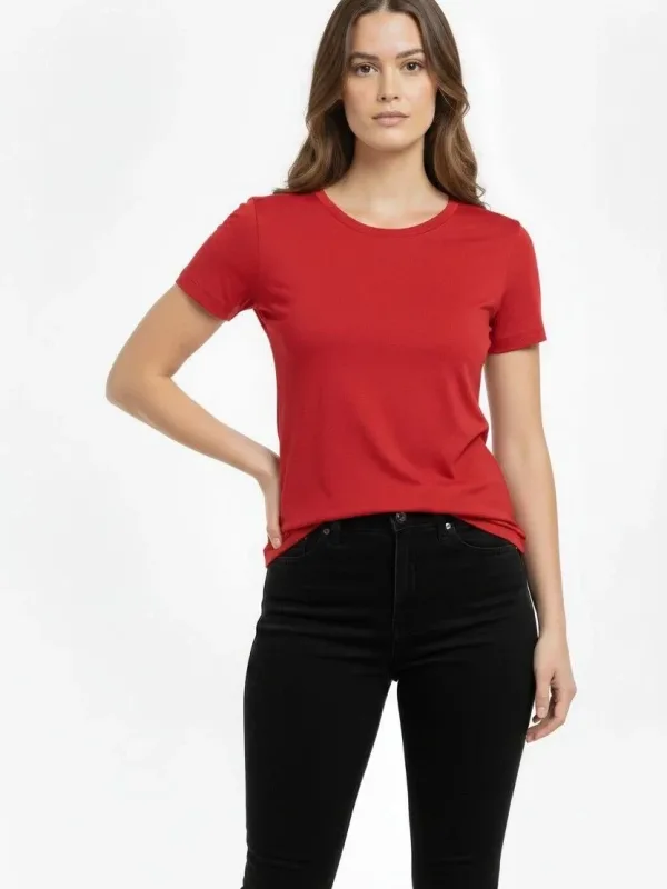 Damski czerwony slim fit T-shirt z dekoltem w serek, elastyczny 2