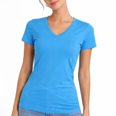 Damski jasnoniebieski slim fit T-shirt z dekoltem w serek, elastyczny, podstawowy 4