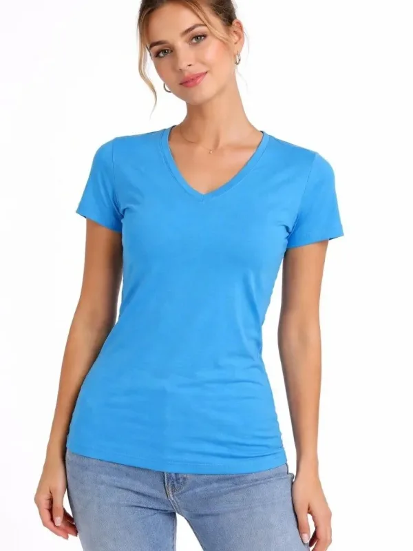 Damski jasnoniebieski slim fit T-shirt z dekoltem w serek, elastyczny, podstawowy 4