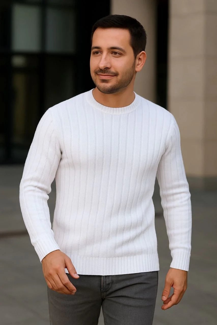 Ανδρικό Λευκό Regular Fit Ποδηλατόγιακα Ριμπέ Βαμβακερό Πλεκτό Πουλόβερ