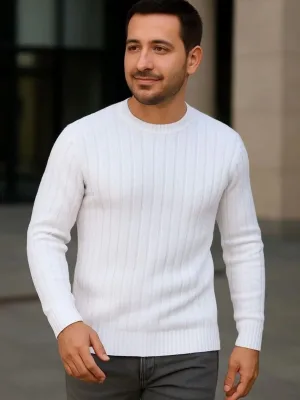 Murshik Beyaz Regular Fit Bisiklet Yaka Fitilli Pamuklu Triko Kazak