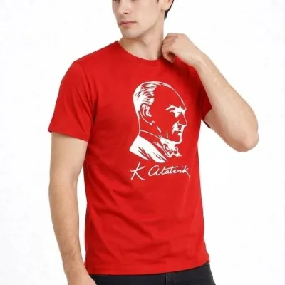Men's Red Scoop Neck Ataturk Printed T-Shirt 3