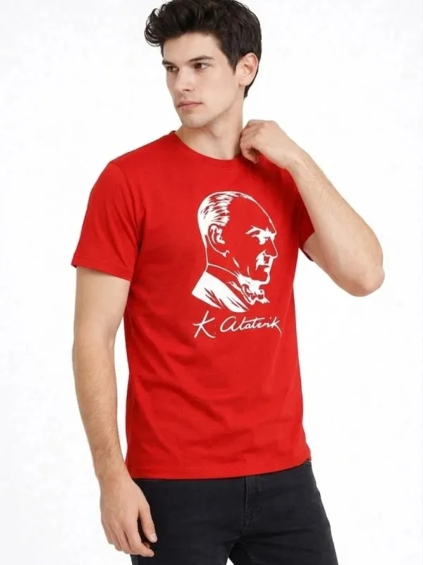 Men's Red Scoop Neck Ataturk Printed T-Shirt 3