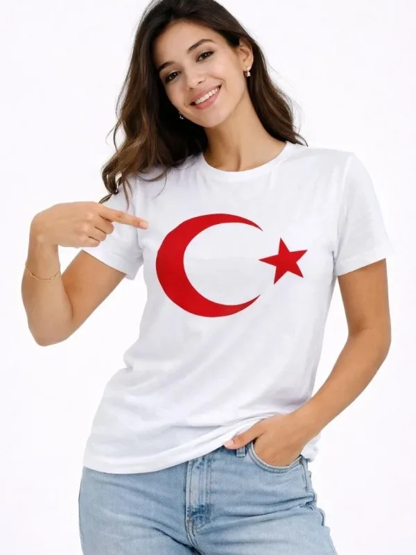 Ženska Bela Bicikli Kragna Mesec Zvezda Zastava Print Majica 3