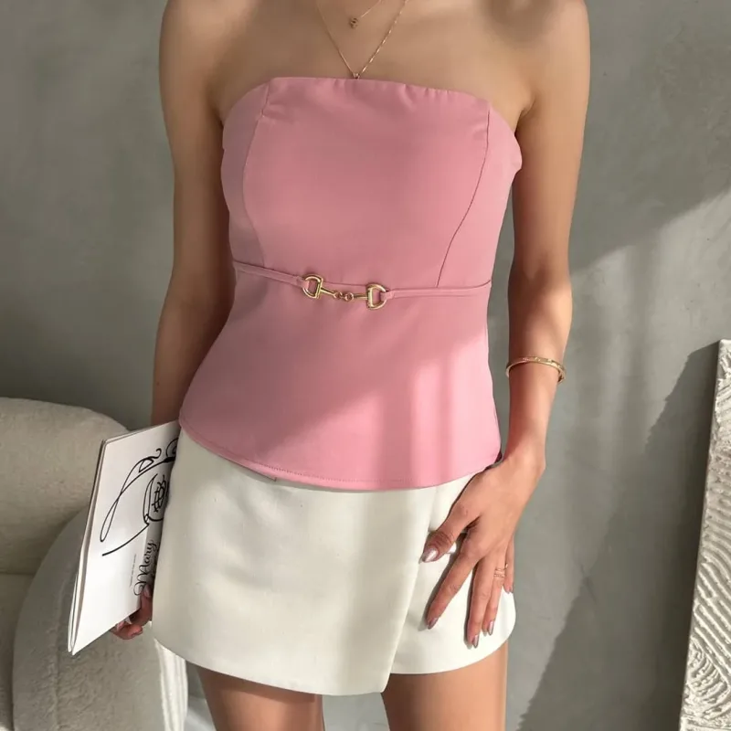 Bluzë Crepe Strapless me Detaje Kapëse në Bel Pluhur
