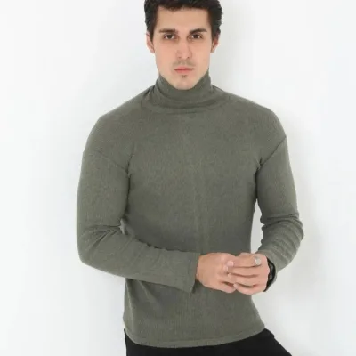 Pánské khaki slim fit lycrové kašmírové rolák body 1